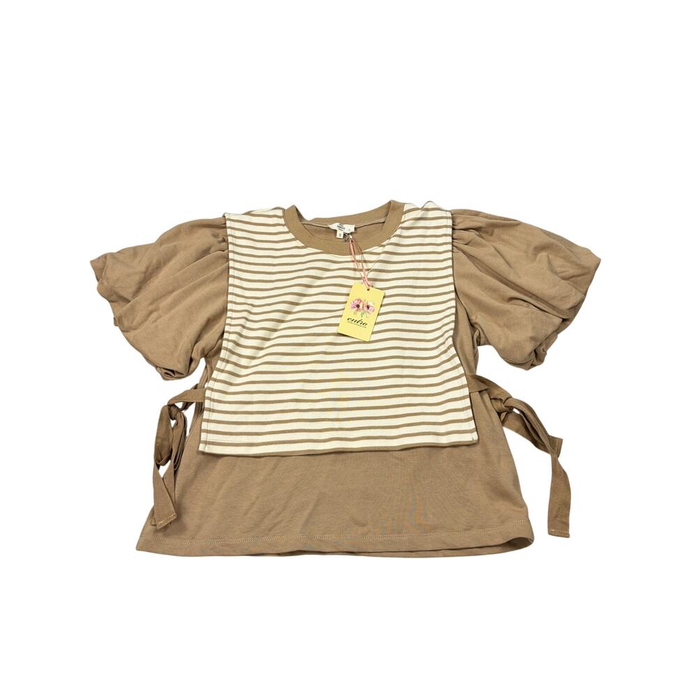 NWT Entro camel cream stripe top, pinafore detail. Size S. office, career